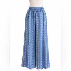 Kingston Grey Blue Elephant Print Wide Leg Pants Large Boho Elastic Waist